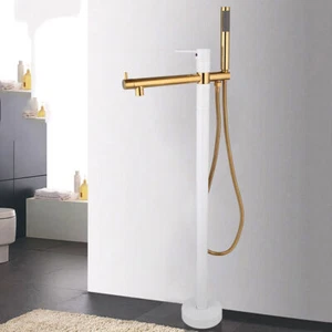 White Gold Freestanding Bathtub Filler Handheld Shower Faucet Kit Floor Mounted - Picture 1 of 11