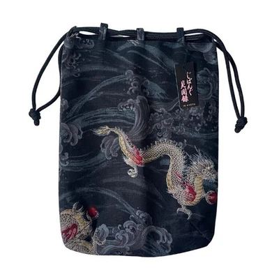 Japanese Drawstring Tote Bag Yukata Kincha Men Dragon Black Kyoto Made in Japan - Image 1 of 4
