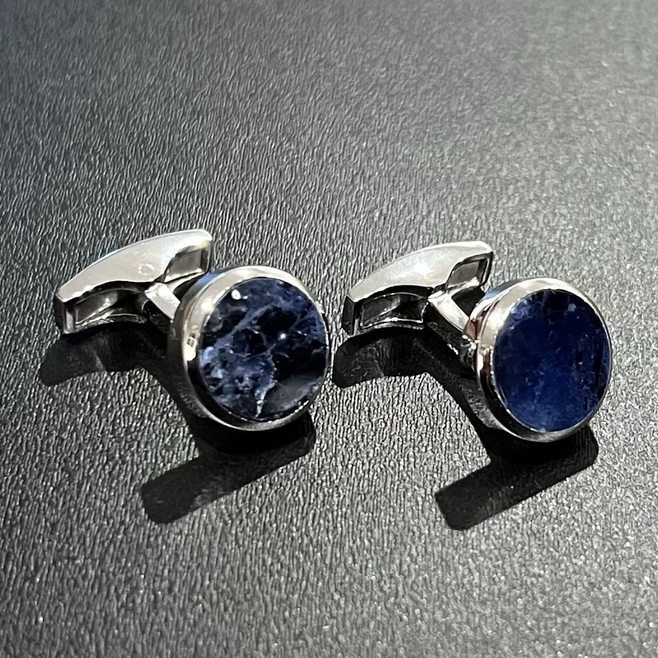 Gemelos redondos de piedra de sodalita con borde biselado de plata de ley 925 en caja regalo para hombres Foto 1 de 4