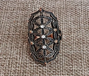 Vintage Schild Ring mit klaren & orangefarbenen Strasssteinen auf Kupfer & Silber, 7,25" - Bild 1 von 8