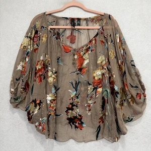 Floral Blouse Womens M/L Brown Sheer Boho Peasant Top Dolman Sleeve Flowy Henley - Picture 1 of 7
