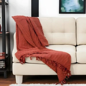 50" X 60" Burnt Orange Cotton Knitted Striped Throw Blanket with Tassels - Picture 1 of 6