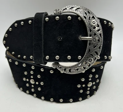 Cinturón ancho vintage para mujer L negro gamuza cuero plateado tachonado Western años 80 grunge Foto 1 de 4