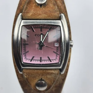 Fossil Watch Women 26mm Silver Tone Pink Dial Date Wide Genuine Leather Band - Picture 1 of 12