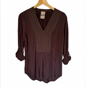 Anthropologie Dolan Pintucked Bryn Henley Chocolate Brown Casual Top Size M - Picture 1 of 7