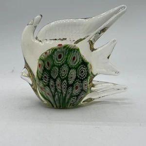 VTG Art Glass Angel Fish Clear & green paperweight Millefiori Green White RED - Picture 1 of 6