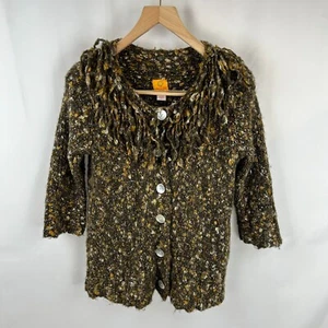 Ruby Rd Cardigan Women's Plus 1X Brown Chunky Knit Boho Fringe Mother of Pearl - Picture 1 of 12