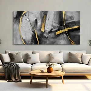 Large Black Gray Canvas Wall Art, Hand-Painted Abstract Living Room Wall Deco... - Picture 1 of 5