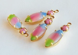 VINTAGE GLASS NAVETTE MARQUIS w/SWAROVSKI RHINESTONE • PASTEL STRIPED PENDANTS - Picture 1 of 4
