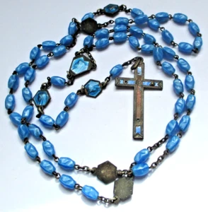 Ancien Chapelet pendentif perles médaille émaux bleu croix crucifix bijou 2954 - Bild 1 von 5