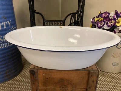 Large Enamel Ware Tub Basin Oval Wash Bowl 26” White Blue Baby Bath Farmhouse - Image 1 of 4