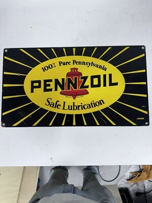 Vintage 50s-60s? PENNZOIL YELLOW SUNBURST PORCELAIN SIGN Gas Oil 27x15 BH - Image 1 of 4