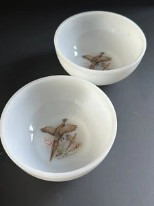 2 MCM Vtg Fire King Bowls Pheasant Game Birds Milk Glass Hunting Cabin Man Cave - Picture 1 of 22