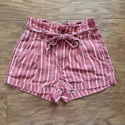 Pantalones Cortos American Eagle Talla 0 Tiro Alto Lino Bolsa de Papel Rojo Blanco Rayas Cinturón Foto 1 de 4