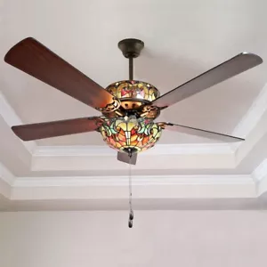 Stained Glass Ceiling Fan with Lights Pull Chain 6 Light Kit Drop Chandelier 52" - Picture 1 of 7