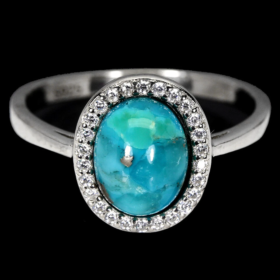 925 Anello Argento Sterling Ovale Turchese 9x7mm Gemma Pietra Naturale Gioielli - Immagine 1 di 4