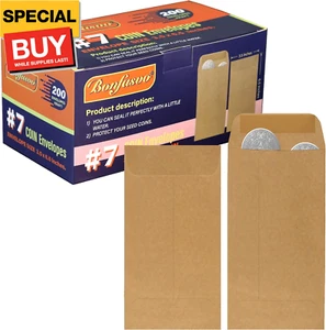 200 Pack #7 Kraft coin envelope 3.5 x 6.5 inches Kraft Envelopes Classic Small P - Picture 1 of 5