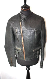 Giacca vintage nera Monza moto pelle biker rara lana verde maglia foderata piccola - Foto 1 di 21