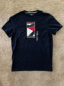 Tommy Hilfiger Rectangular Logo T-Shirt Navy Blue Mens Size Medium 78J6358 410 - Picture 1 of 3
