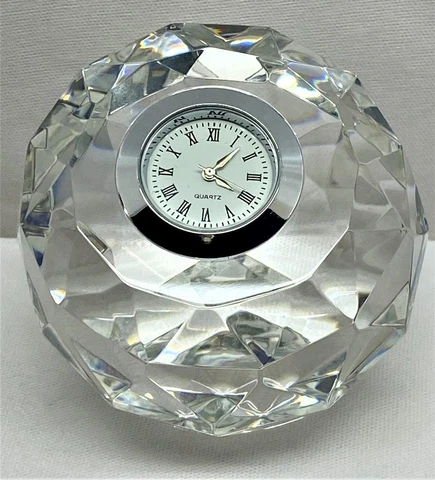 Clear Cut Lead Crystal Faceted Round Desk Quartz Clock Paper Weight 2 ½” Cover