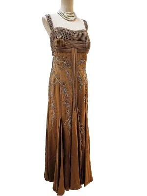 YSA Makino Silk Night  Gown Brown Beautiful Beads Embellished with Gold Scarf - Image 1 of 4