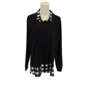 Adrianna Papell Black White Buffalo Check Gingham Combo Sweater Top Women's L - Picture 1 of 4