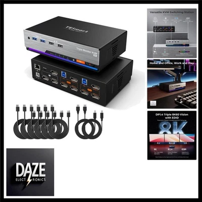 8K 60Hz DisplayPort KVM Switch 2 PC 3 Monitor, USB 3.0 EDID KVM Umschalter Do... - Bild 1 von 4