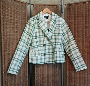 Rachel Zoe Tweed Blazer Jacke grün kariert Academia Gr. M fällt klein aus Neu LESEN - Bild 1 von 12