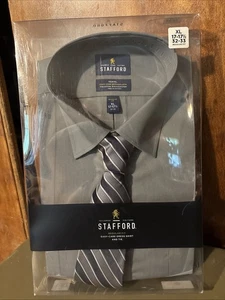 "Camisa de viaje Stafford para hombre manga larga con botones gris con corbata 17-17 1/2"" 32-33" - Imagen 1 de 8