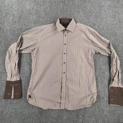 Camisa Ted Baker Para Hombre 17.5 Marrón Púrpura Cuadros Rayas Manga Larga Algodón Botón Foto 1 de 4