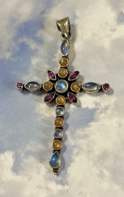 GRAN Collar Colgante Nicky Butler Plata Esterlina CRUZ Melocotón Piedra Lunar Granate Foto 1 de 3