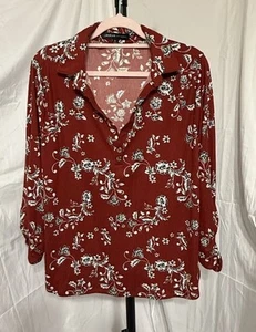 Adrienne Vittadini geblümtes Oberteil Damen Gr. XL Scrunch Ärmel Kragen rot Shirt - Bild 1 von 10
