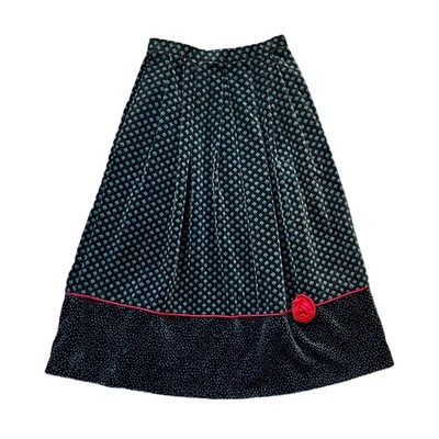 Susan Bristol 裙子女式 8 28 英寸 M 腰绿色黑色拉丝天鹅绒 Midi 拉链复古 — 第 1/4 张图片