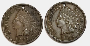 Lot 2 US Indian Head One Cent 1887 1892 Holed But High Grade Details Penny 1c - Picture 1 of 6