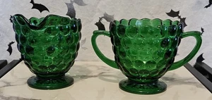 Vintage Waldgrün Blase Glas Milchkännchen & Zuckerdose Anchor Hocking - Bild 1 von 6
