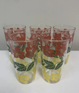 5 Vintage Hazel Atlas Red Yellow Green Hibiscus Juice Glasses Tumblers 5” RARE - Picture 1 of 3