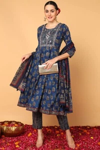 Indina New Trends Women Blue Pure Cotton Ethnic Motifs Printed Flared Suits uk - Picture 1 of 6