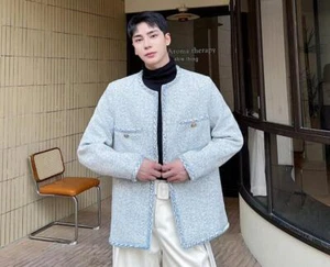Men's New Fashion Winter Round Collar Long Sleeve Loose Tweed Jackets Wool Coats - Picture 1 of 11
