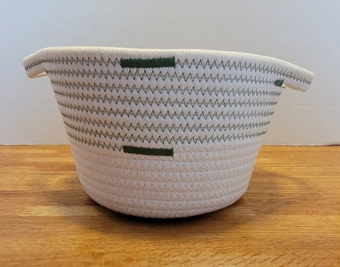 Vintage Coiled Rope Basket With 2 Handles, Cream & Green Cover