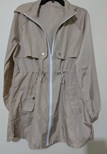 Womens Beige Khaki Lightweight Rain Jacket Active Outdoor Hooded Trench Raincoat - Picture 1 of 7