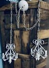 2 Italian 4 Arm Double Hanging Pendant Iron White Gold Floral Chandelier 58”L