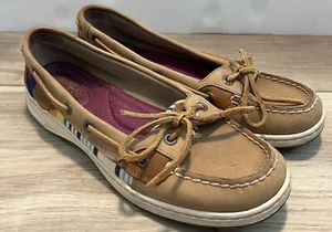 Sperry Top-Sider Women's Boat Shoes Sz 7.5 Tan Leather Multicolor Rainbow Canvas - Picture 1 of 13