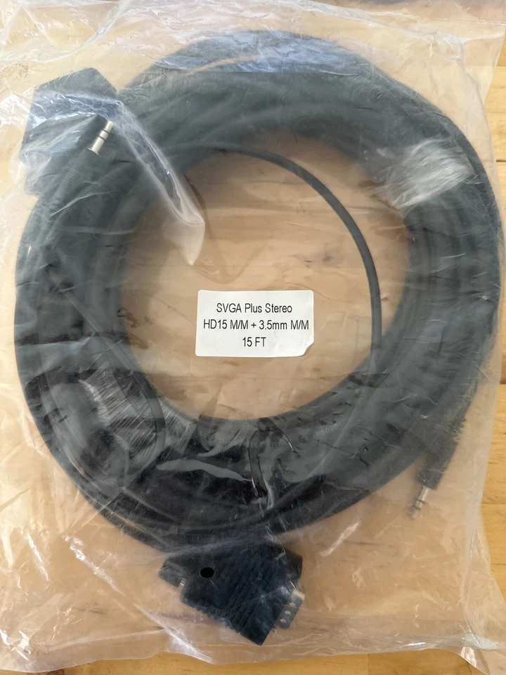 SVGA Plus Stereo HD15 M/M + 3.5mm Male to Male 15ft Slim Cable New VGA AUX - Image 1 of 1