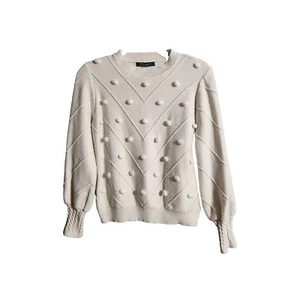 Simplee Women's Whote Sweater Pom Balls Long Bishop Sleeves Size LARGE - Picture 1 of 5