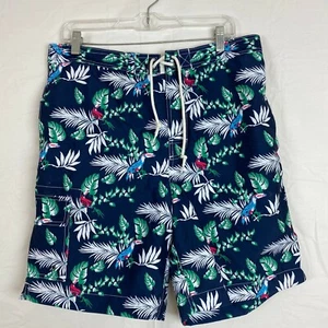 Chaps Mens Leaf Print Cargo Pocket Drawstring Swim Blue Trunks Shorts Size Large - Picture 1 of 11