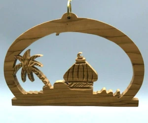 Vintage Olive Wood Handcrafted In Jordan Temple w/ Palm Tree Holiday Ornament - Picture 1 of 4
