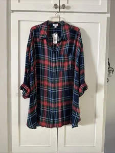¡Nuevo! Túnica Crown & Ivy para mujer talla 3X Navidad a cuadros abotonada con detalles dorados - Imagen 1 de 7