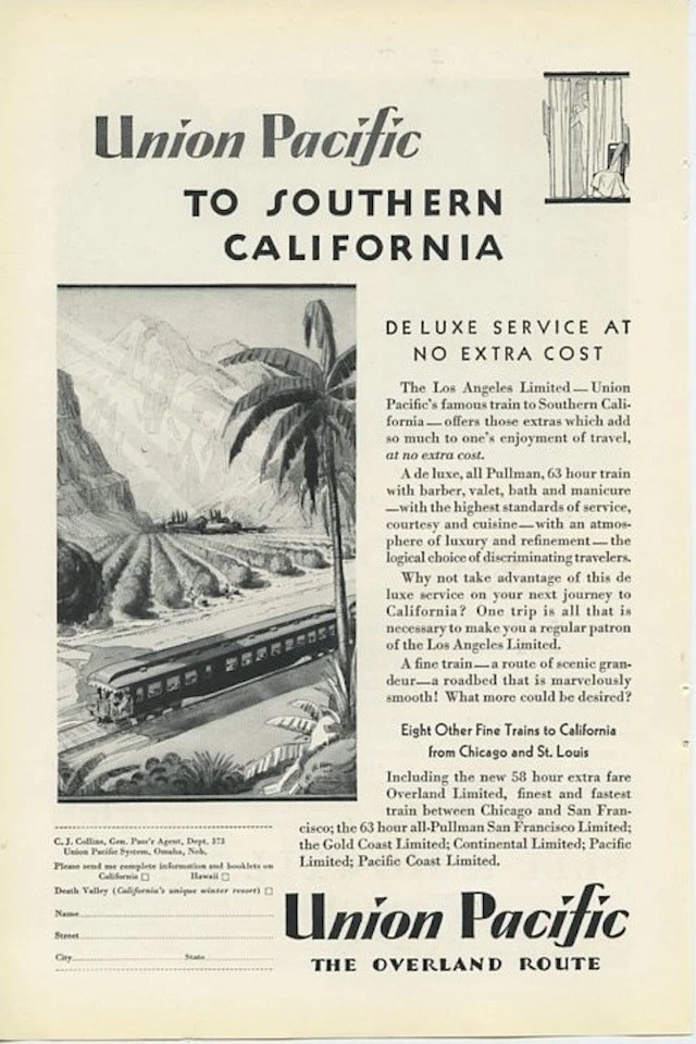 Union Pacific Railroad Deluxe Service At No Extra Cost 1929 Vintage Ad - Image 1 of 1