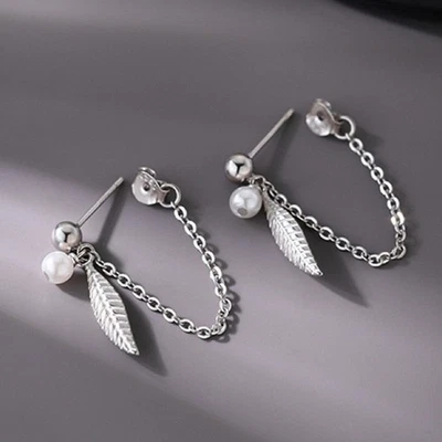 925 Sterling Silver Pearl Feather Drop Stud Earrings Women Girls Jewellery Gift - Image 1 of 4
