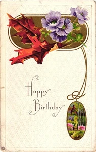 Cartolina d'epoca di buon compleanno in rilievo con fiori e ovale scenico - Foto 1 di 2